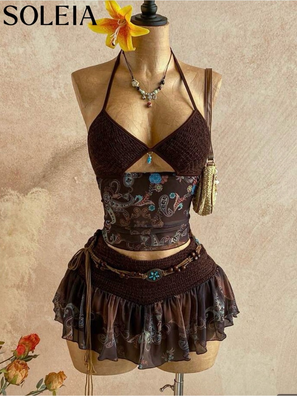 SHEIN Brown Paisley Halter Crop Top & Mini Skirt Set